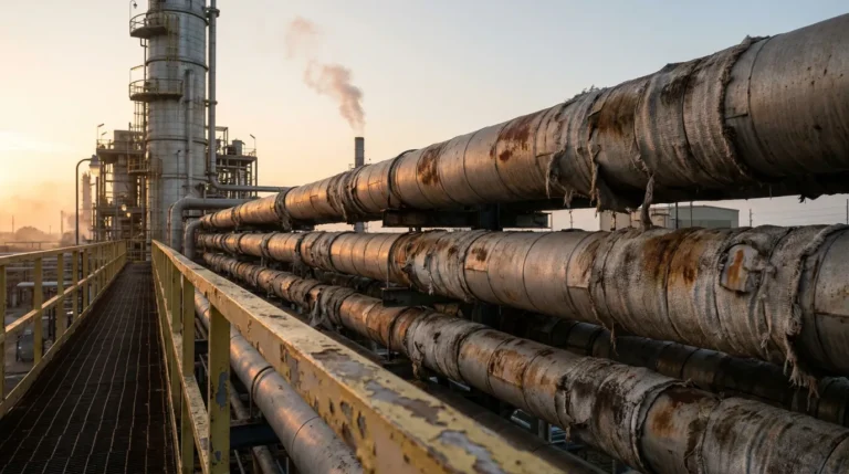 deteriorating insulated industrial pipes at aging refinery with smoke stack