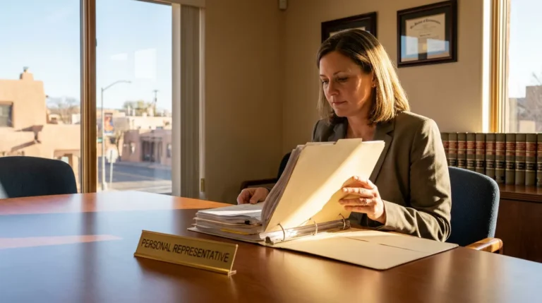 Personal Representative nameplate on desk as attorney reviews legal case binder