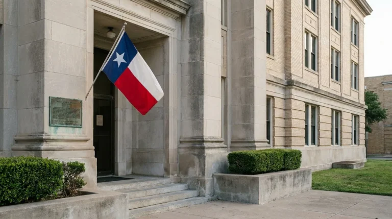 Texas state flag mounted at entrance of stone courthouse building